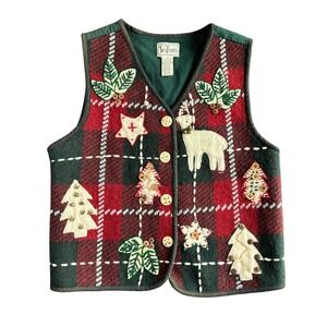 Tan Trims Christmas Plaid Vest Women Size M Reindeer Trees Holly Buttons